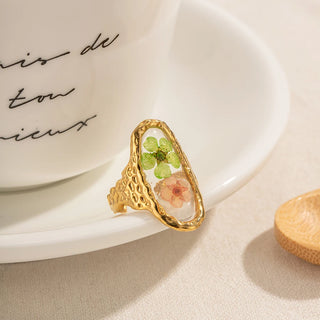 ステンレス304 低ニッケル 水に濡れても錆びにくい 18Kゴールドメッキ リング レジン フラワー 花 オーバル【YJ03307】