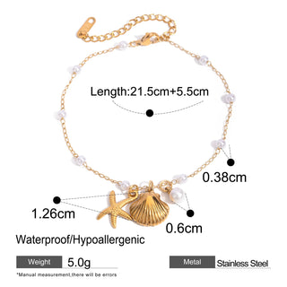 ステンレス304 低ニッケル 水に濡れても錆びにくい 18Kゴールドメッキ アンクレット シェル 貝殻 【YJ01247】