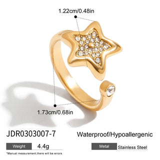 ステンレス304 低ニッケル 水に濡れても錆びにくい 18Kゴールドメッキ リング スター 星 ジルコニア 【YJ01005】