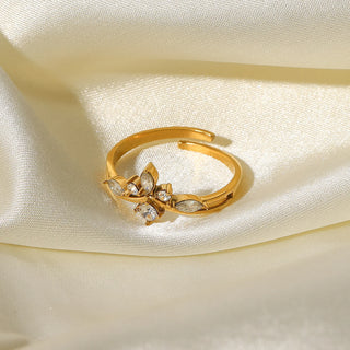 ステンレス304 低ニッケル 水に濡れても錆びにくい 18Kゴールドメッキ リング フラワー 花 ジルコニア 【YJ01729】