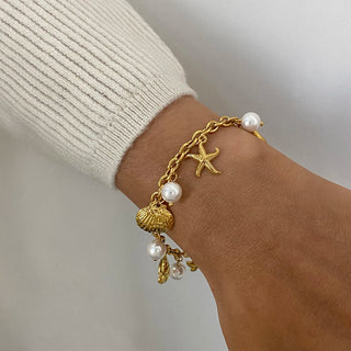 ステンレス304 低ニッケル 水に濡れても錆びにくい 18Kゴールドメッキ ブレスレット シェル 貝殻 ヒトデ パール 【YJ02013】