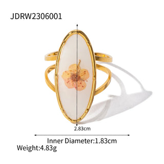 ステンレス304 低ニッケル 水に濡れても錆びにくい 18Kゴールドメッキ リング スクエア フラワー 花 レジン オーバル【YJ03438】
