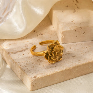 ステンレス304 低ニッケル 水に濡れても錆びにくい 18Kゴールドメッキ リング フラワー 花 薔薇 ローズ【YJ03755】