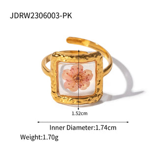 ステンレス304 低ニッケル 水に濡れても錆びにくい 18Kゴールドメッキ リング スクエア フラワー 花 レジン オーバル【YJ03438】