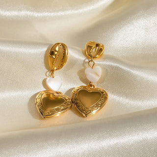 ステンレス304 低ニッケル 水に濡れても錆びにくい 18Kゴールドメッキ ピアス シェル 貝殻 ハート 写真入れ ロケットペンダント【YJ03135】