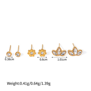 ステンレス304 低ニッケル 水に濡れても錆びにくい 18Kゴールドメッキ ピアス フラワー 花 クリスタル ジルコニア 3点セット【YJ01319】