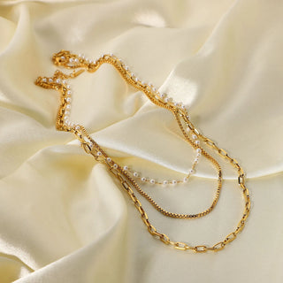ステンレス304 低ニッケル 水に濡れても錆びにくい 18Kゴールドメッキ ネックレス チェーン 3連 パール 【YJ02617】