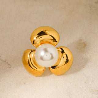 ステンレス304 低ニッケル 水に濡れても錆びにくい 18Kゴールドメッキ リング フラワー 花 パール 【YJ03499】