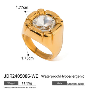 ステンレス304 低ニッケル 水に濡れても錆びにくい 18Kゴールドメッキ リング チャンキー ジルコニア 【YJ03156】