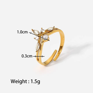ステンレス304 低ニッケル 水に濡れても錆びにくい 18Kゴールドメッキ リング フラワー 花 ジルコニア 【YJ01729】