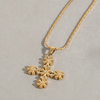 ステンレス304 低ニッケル 水に濡れても錆びにくい 18Kゴールドメッキ ネックレス クロス フラワー 花 ジルコニア 【YJ01666】