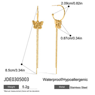ステンレス304 低ニッケル 水に濡れても錆びにくい 18Kゴールドメッキ ピアス タッセル  蝶々 バタフライ 【YJ01003】