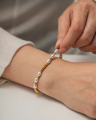 ステンレス304 低ニッケル 水に濡れても錆びにくい 18Kゴールドメッキ ブレスレット チェーン パール 【YJ02801】