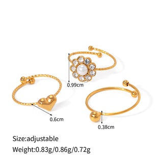 ステンレス304 低ニッケル 水に濡れても錆びにくい 18Kゴールドメッキ リング ハート フラワー 花 クリスタル ジルコニア 3点セット【YJ02318】