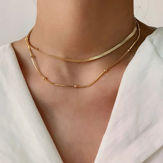 ステンレス304 低ニッケル 水に濡れても錆びにくい 18Kゴールドメッキ ネックレス 2連 チェーン 【YJ03226】