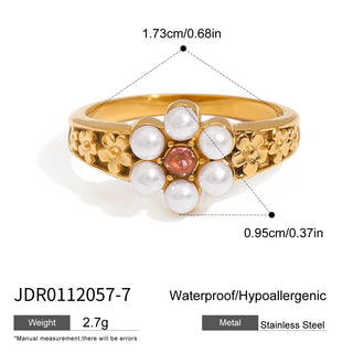 ステンレス304 低ニッケル 水に濡れても錆びにくい 18Kゴールドメッキ リング フラワー 花 パール 【YJ01969】