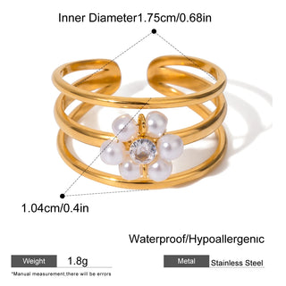 ステンレス304 低ニッケル 水に濡れても錆びにくい 18Kゴールドメッキ リング 3層 パール 花フラワー【YJ03182】
