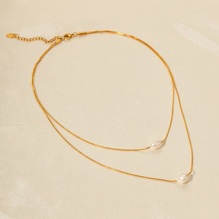 ステンレス304 低ニッケル 水に濡れても錆びにくい 18Kゴールドメッキ ネックレス 2連 パール 【YJ03530】