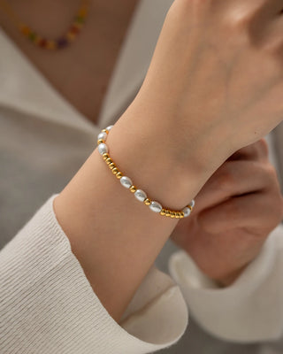 ステンレス304 低ニッケル 水に濡れても錆びにくい 18Kゴールドメッキ ブレスレット チェーン パール 【YJ02801】