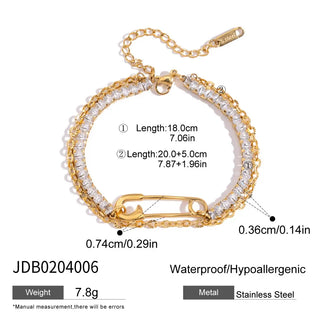 ステンレス304 ニッケルフリー 水に濡れても錆びにくい 18Kゴールドメッキ チェーン ブレスレット ジルコニア 安全ピン ハート クロス 【YJ00198】