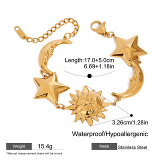 ステンレス304 低ニッケル 水に濡れても錆びにくい 18Kゴールドメッキ ブレスレット 月 太陽 星 スター 【YJ02592】