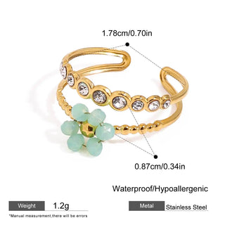 ステンレス304 ニッケルフリー 水に濡れても錆びにくい 18Kゴールドメッキ リング フラワー 花 ビーズ ジルコニア 【YJ00839】