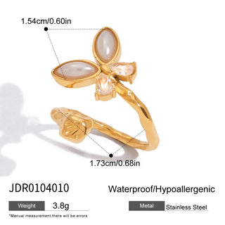 ステンレス304 ニッケルフリー 水に濡れても錆びにくい 18Kゴールドメッキ リング 蝶々 バタフライ ジルコニア 【YJ00370】