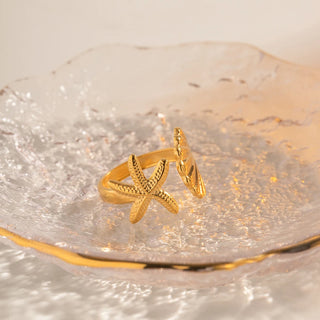 ステンレス304 低ニッケル 水に濡れても錆びにくい 18Kゴールドメッキ リング シェル 貝殻 ヒトデ【YJ04013】