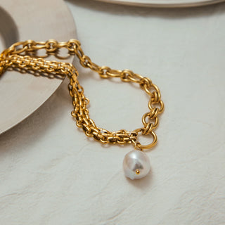 ステンレス304 ニッケルフリー 水に濡れても錆びにくい チャンキー チェーン ネックレス バロックパール 【YJ00232】
