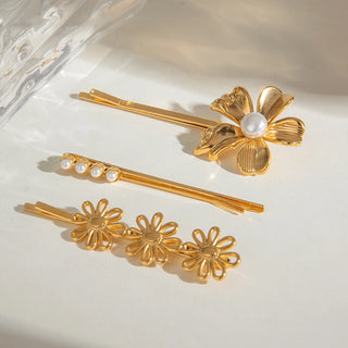 ステンレス304 低ニッケル 水に濡れても錆びにくい 18Kゴールドメッキ ヘアアクセサリー フラワー 花 パール 3点セット【YJ01088】