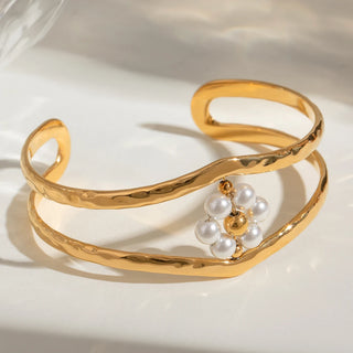 ステンレス304 低ニッケル 水に濡れても錆びにくい 18Kゴールドメッキ ブレスレット 2層 フラワー 花 パール 【YJ02629】