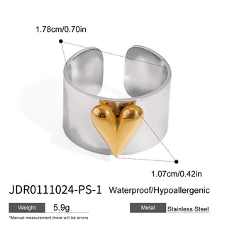 ステンレス304 低ニッケル 水に濡れても錆びにくい 18Kゴールドメッキ リング チャンキー ハート 【YJ01257】