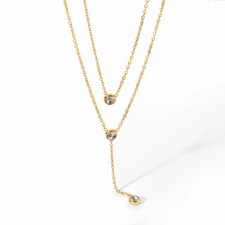 ステンレス304 低ニッケル 水に濡れても錆びにくい 18Kゴールドメッキ ネックレス 2連 チェーン ジルコニア 【YJ03924】