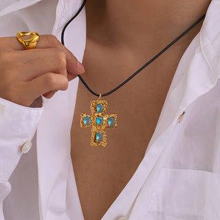 ステンレス304 低ニッケル 水に濡れても錆びにくい 18Kゴールドメッキ ネックレス チャンキー クロス ジルコニア 【YJ03949】