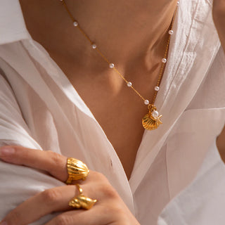 ステンレス304 ニッケルフリー 水に濡れても錆びにくい 18Kゴールドメッキ ネックレス ヒトデ シェル 貝殻 パール 【YJ00622】