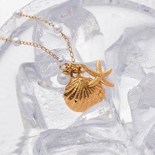 ステンレス304 ニッケルフリー 水に濡れても錆びにくい 18Kゴールドメッキ ネックレス ヒトデ シェル 貝殻 パール 【YJ00622】