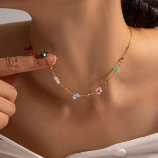 ステンレス304 ニッケルフリー 水に濡れても錆びにくい 18Kゴールドメッキ ネックレス フラワー 花 ビーズ【YJ00863】