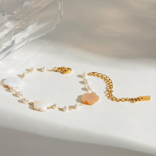ステンレス304 低ニッケル 水に濡れても錆びにくい 18Kゴールドメッキ ブレスレット シェル フラワー 花 パール 【YJ02843】