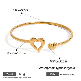 ステンレス304 低ニッケル 水に濡れても錆びにくい 18Kゴールドメッキ ブレスレット ハート バングル 【YJ03017】