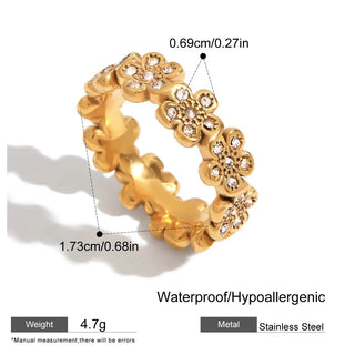 ステンレス304 ニッケルフリー 水に濡れても錆びにくい 18Kゴールドメッキ チェーン リング フラワー 花 ジルコニア 【YJ00355】