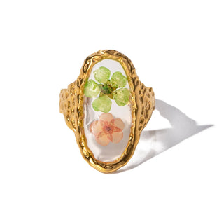 ステンレス304 低ニッケル 水に濡れても錆びにくい 18Kゴールドメッキ リング レジン フラワー 花 オーバル【YJ03307】