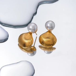 ステンレス304 低ニッケル 水に濡れても錆びにくい 18Kゴールドメッキ ピアス シェル 貝殻 パール 【YJ03578】